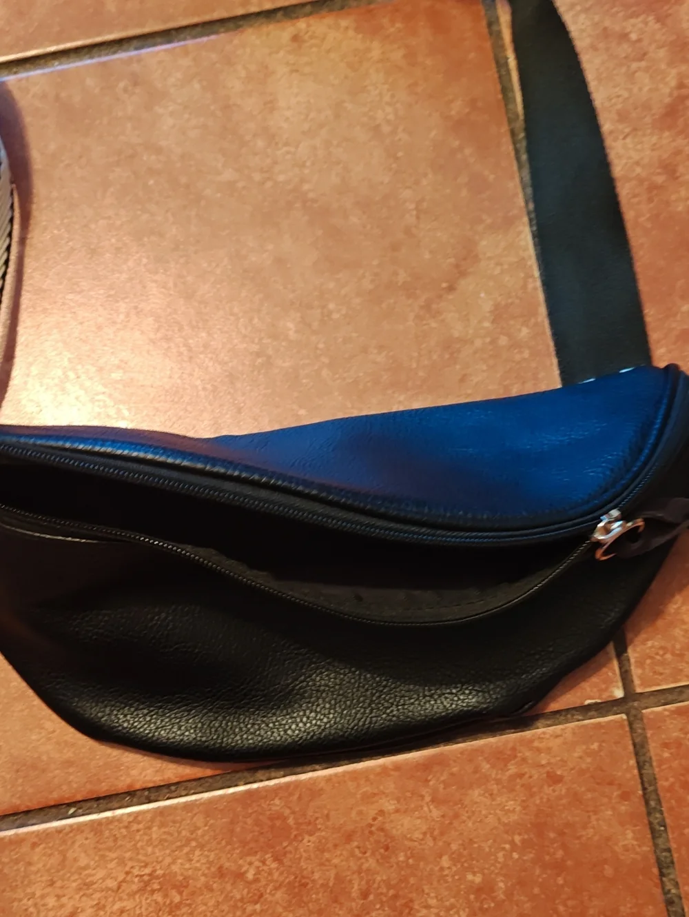 Ulta Beauty Black Leather Crossbody Belt Bag with Black-and-White Striped Strap